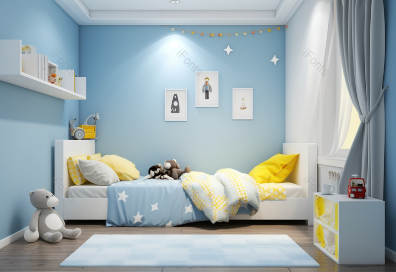 蓝色干净明亮的小孩睡房卧室家居家装,高清,摄影图,摄影图片,图片大全,摄影图免费下载